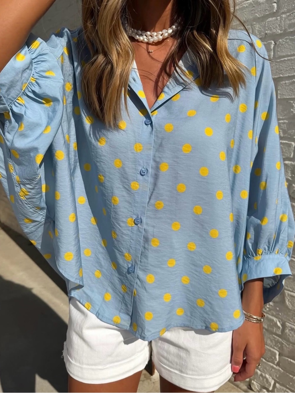 glam Light Blue Button-Down Shirt with Yellow Polka Dots